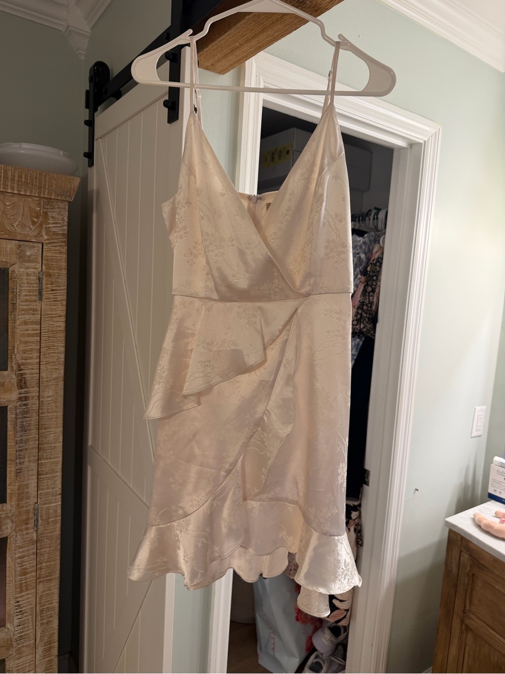 Altar'd State Cream Rose Gold Satin Spaghetti-Strap Mini Dress